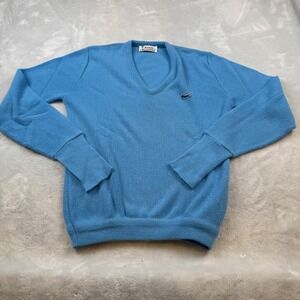 Vintage IZOD Lacoste V-Neck Wool Sweater Mens Blue‎ Classic Preppy Pullover